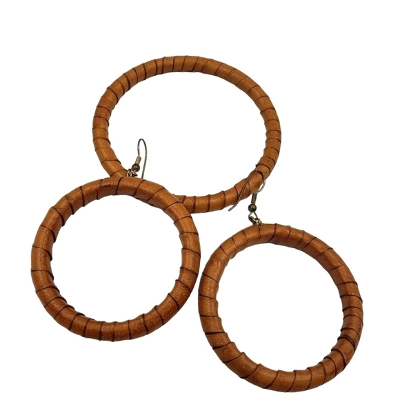 Earrings and Bracelet Rattan Faux Wood Wrapped Hoops Earthy Boho Hippie - Picture 11 of 11